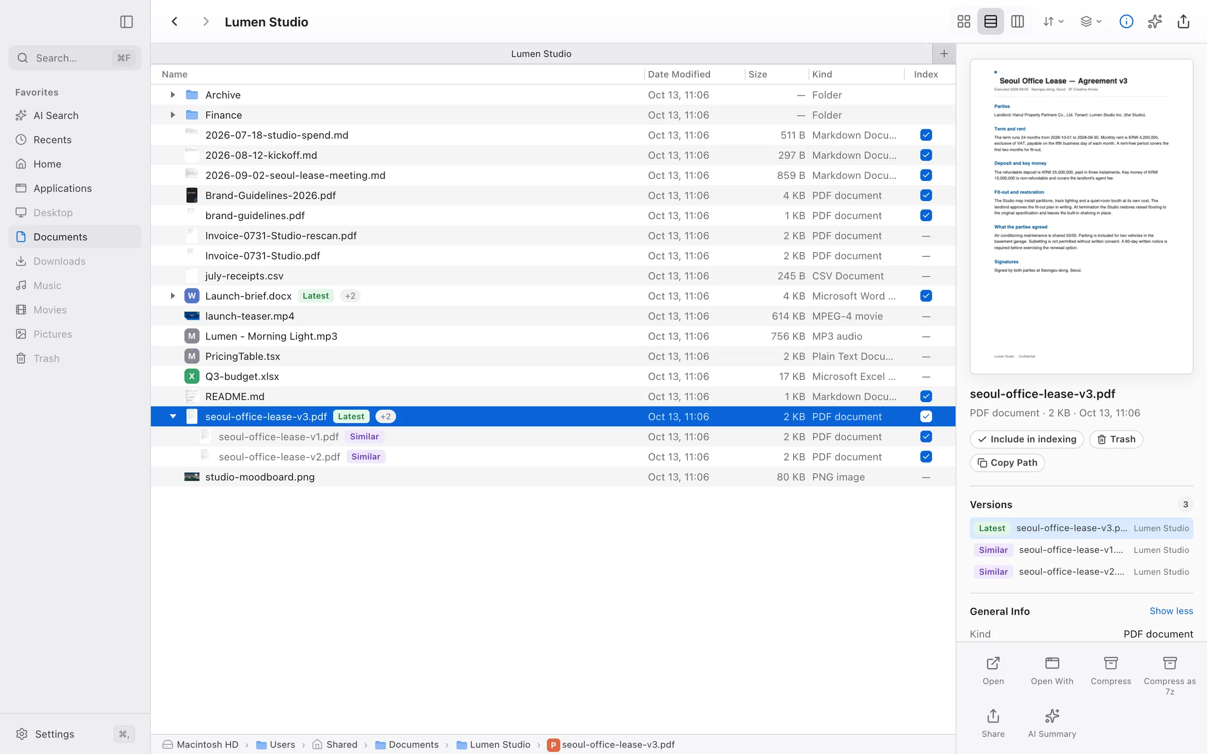 Dazzi Finder list view: a studio folder with a version stack expanded and a PDF preview in the inspector