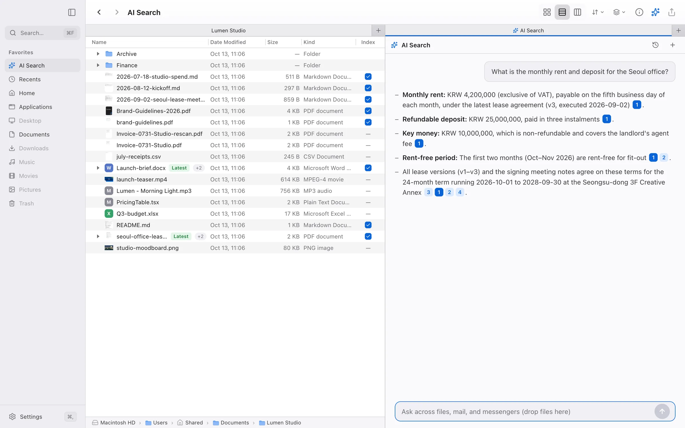 A folder pane beside an AI Search pane