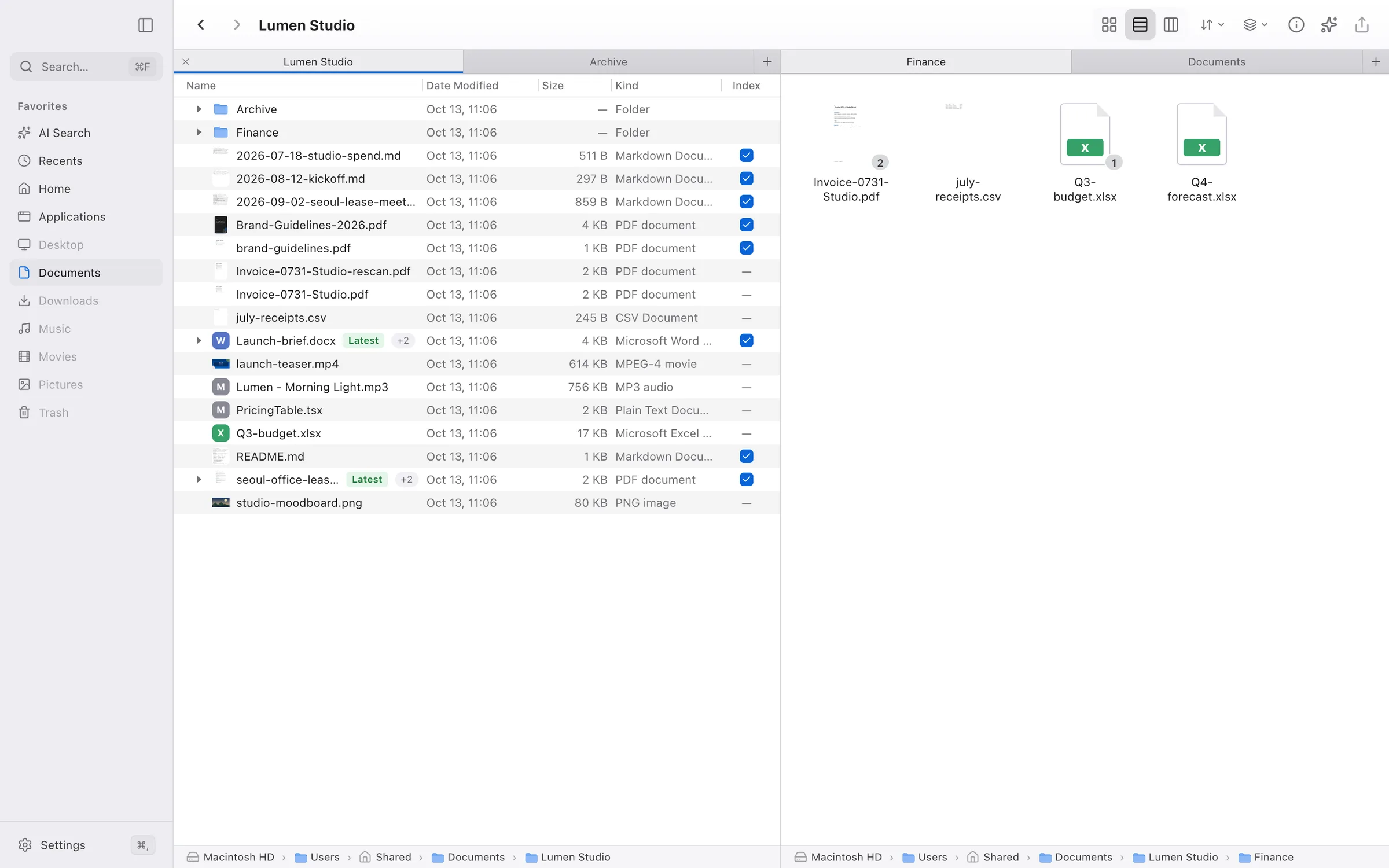 Two Finder panes side by side, each with its own tabs