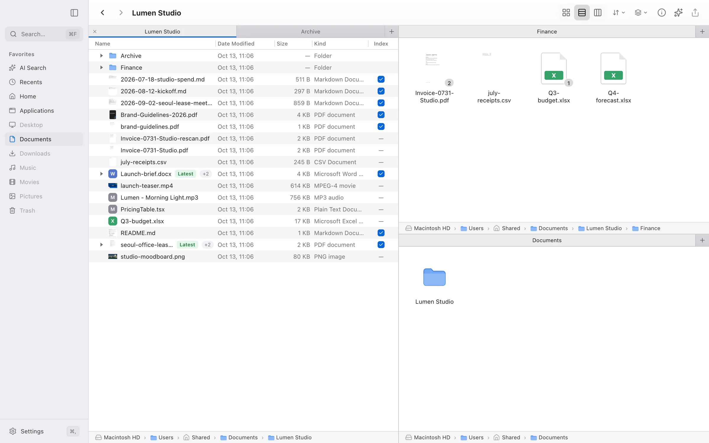 Three Finder panes split horizontally and vertically