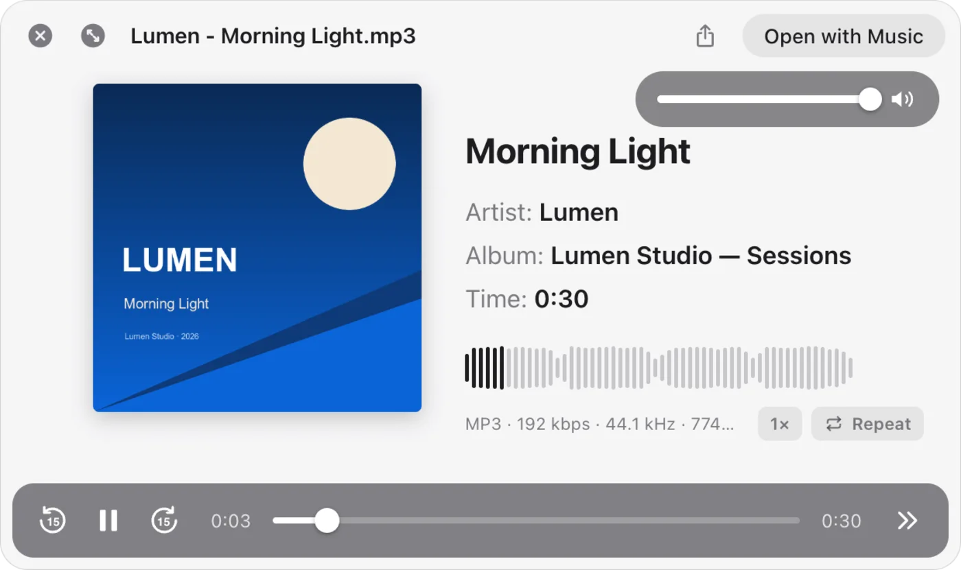 Quick Look playing an audio file with cover art and waveform
