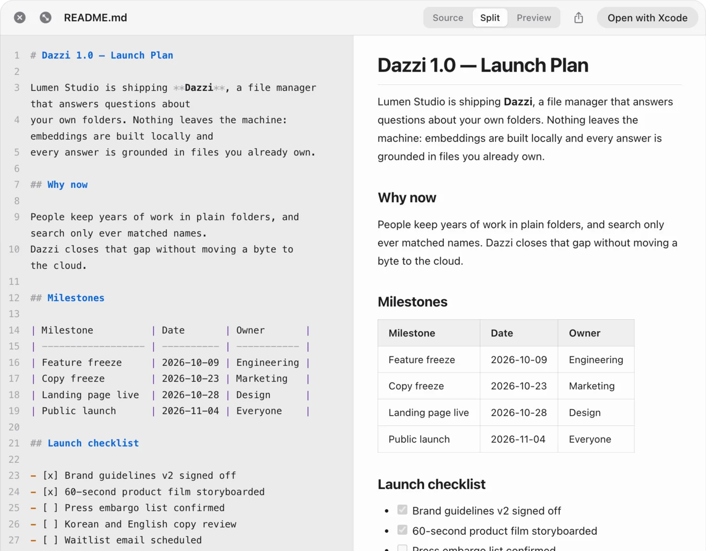 Quick Look showing Markdown source beside the rendered page